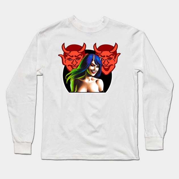 Devil girl with blue hair Long Sleeve T-Shirt by Marccelus